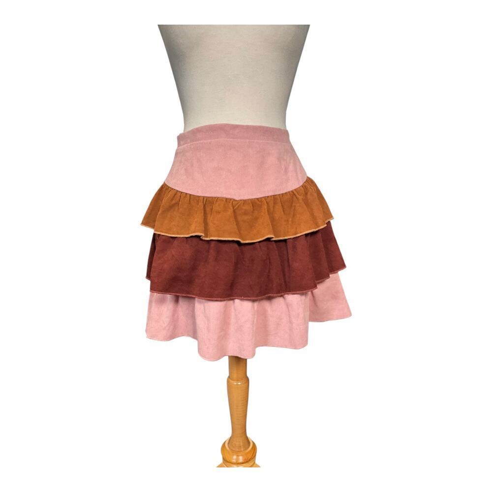ALYA Tiered Ruffle Corduroy Mini Skirt Pink Brown Boho Fall Cottagecore Large